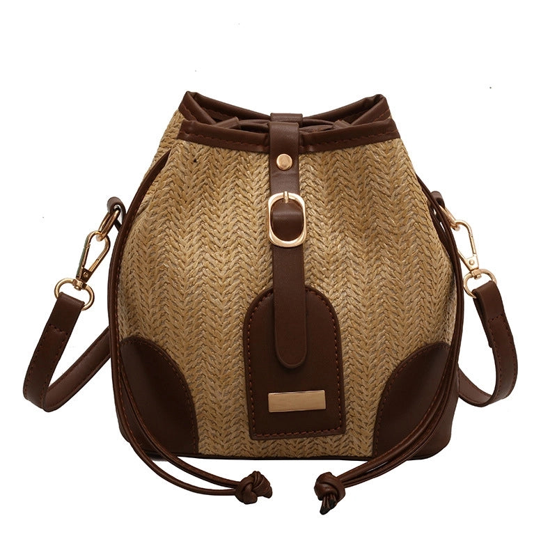 Women's Medium Pu Leather Straw Color Block Streetwear Bucket String Crossbody Bag