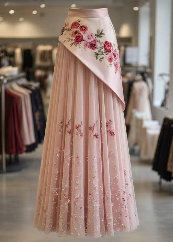 Beautiful Pink Print Wrinkled Tulle Patchwork Skirt Summer