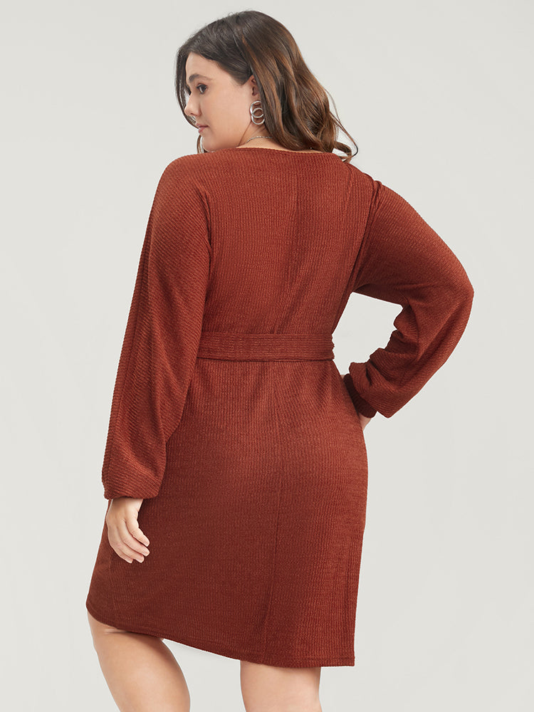 Solid Surplice Neck Belted Knit Dress