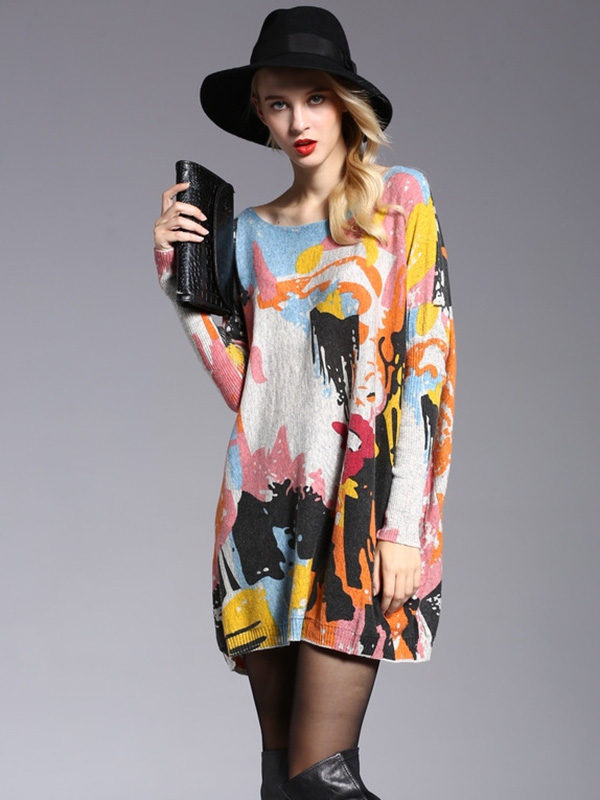 Vintage Wool Blend Contrast Color Printed Sweater