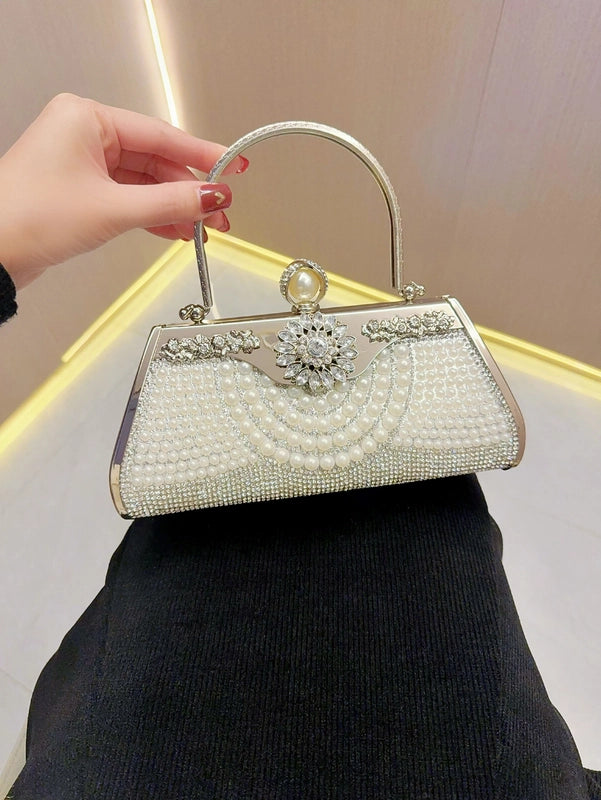 Gold Silver Black Pu Leather Solid Color Pearls Square Evening Bags