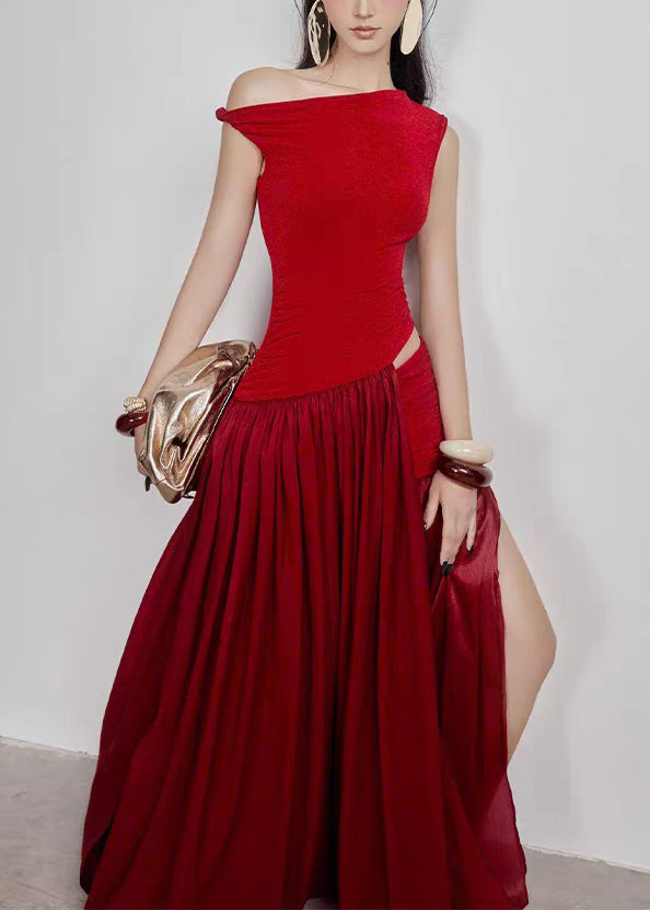 Stylish Red Wrinkled Hollow Out Cotton Long Dress Sleeveless
