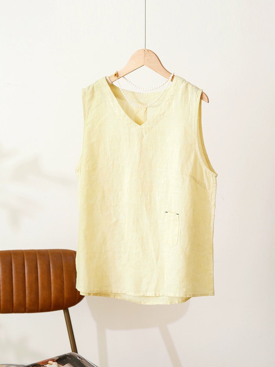 Women Summer Casual Pure Color 100%Linen V-Neck Vest