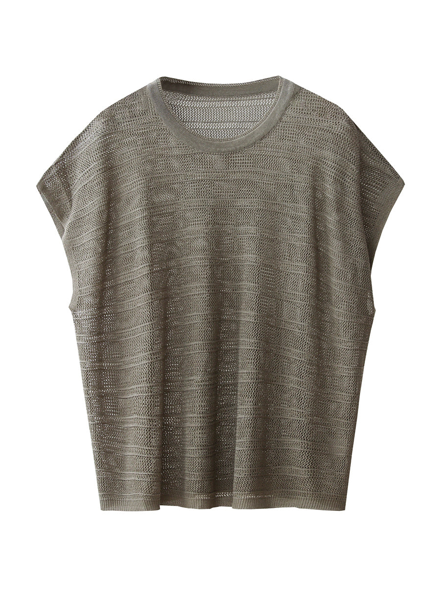 Women Summer Casual Pure Color Knitted O-Neck Shirt