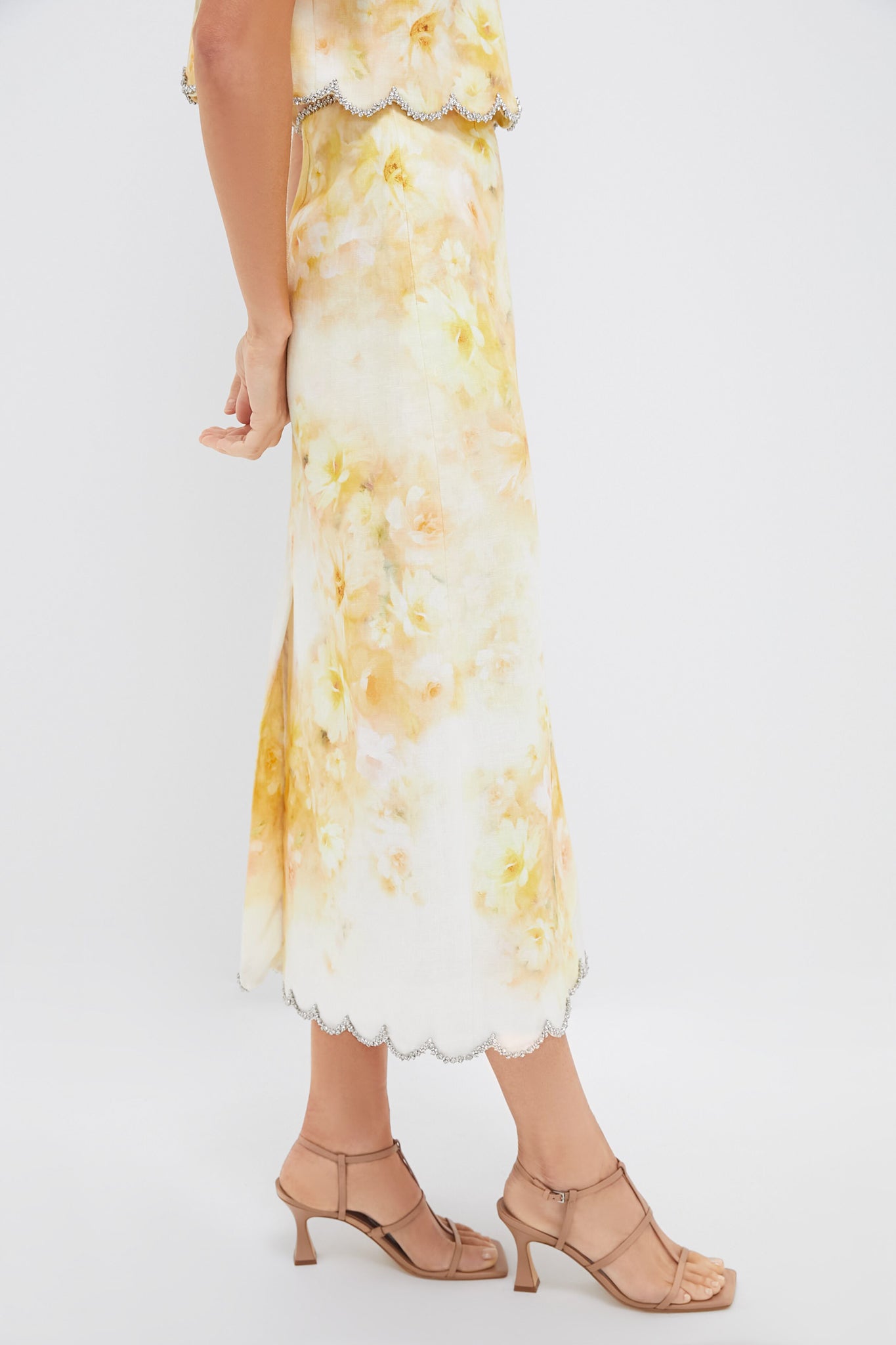 Yellow Floral Crush Scalloped Midi Skirt