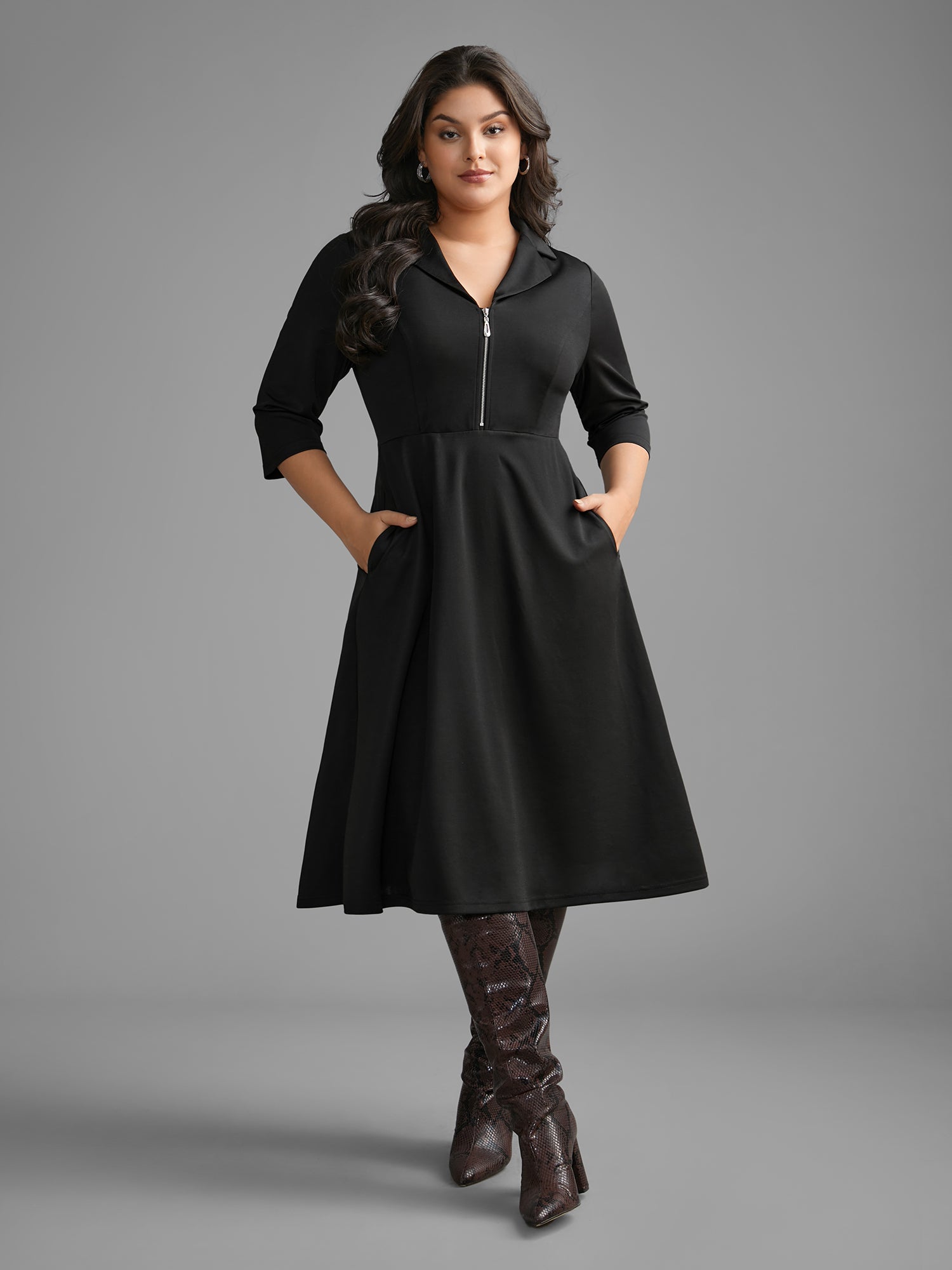 Suit Collar Half Zip Midi Dress