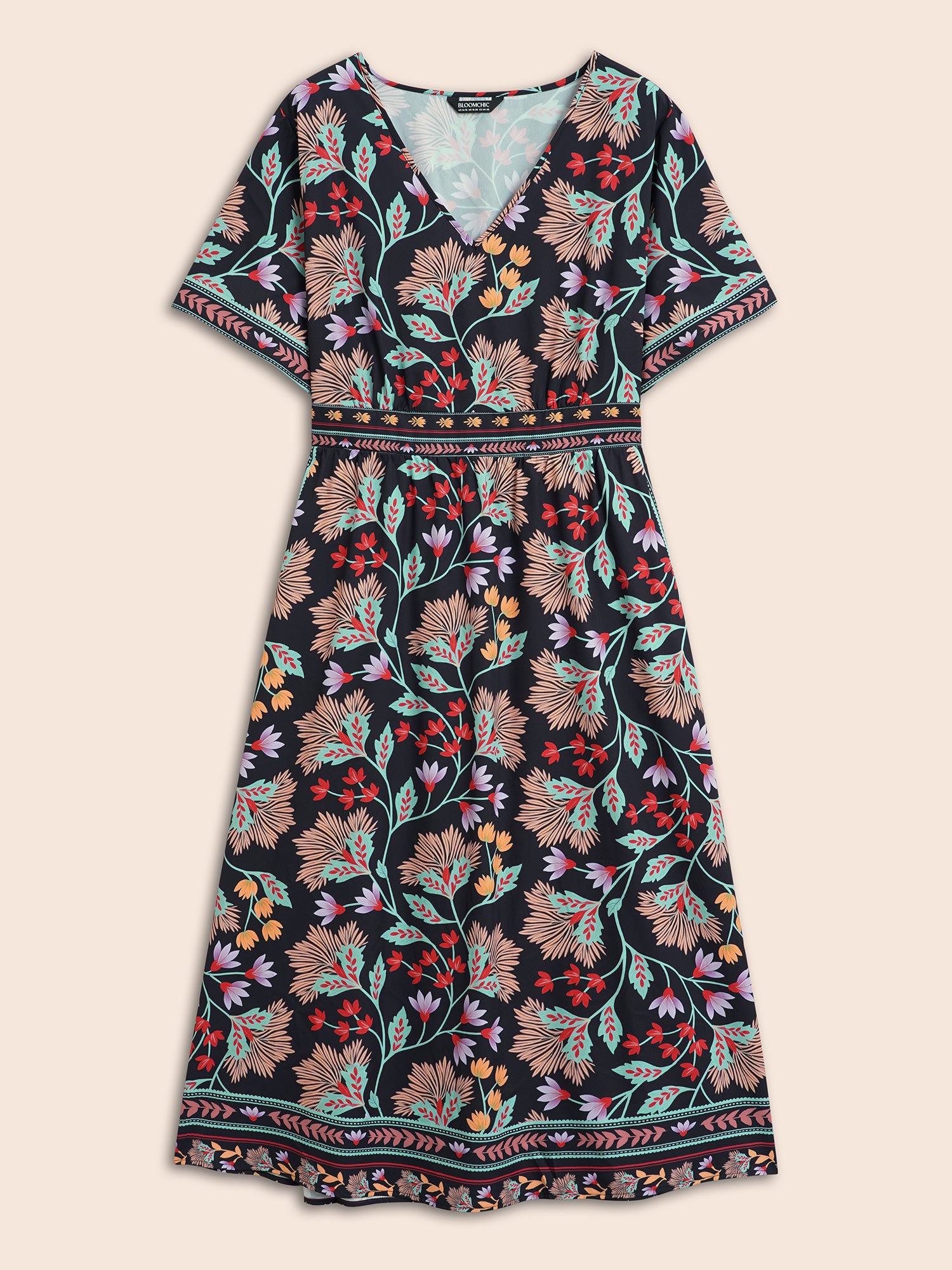 Boho Print Shirred Pocket Midi Dress