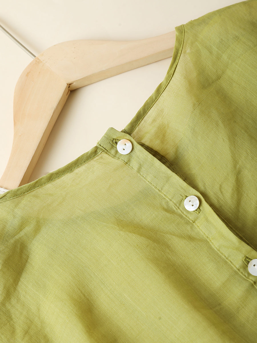 Women Summer Artsy Pure Color O-Neck Shirred 100%Ramie Dress