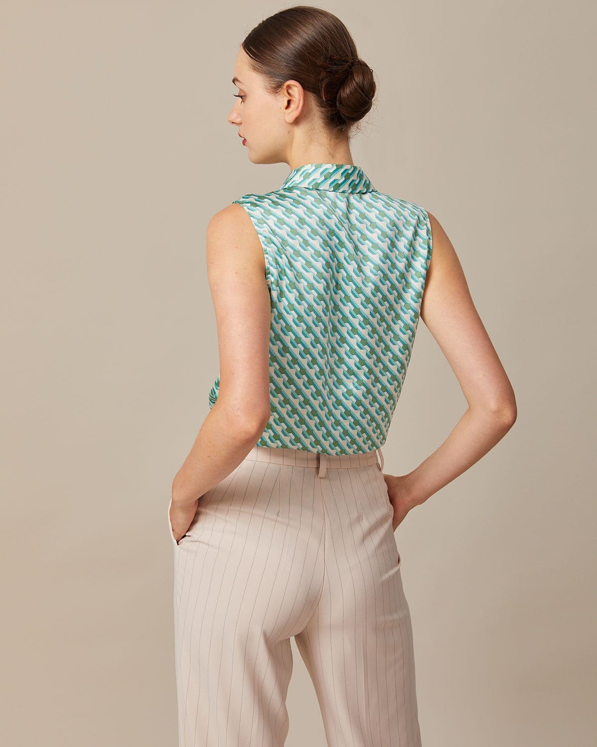 The Green Collared Geometric Print Vest