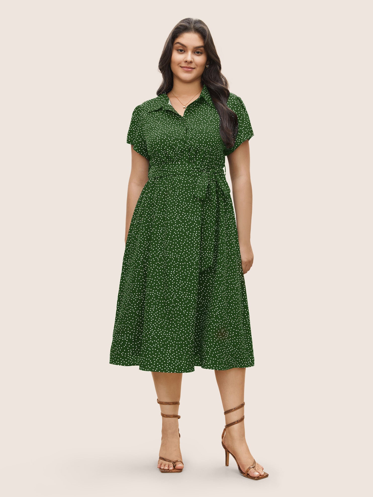 Polka Dot Shirt Collar Pocket Button Up Dress