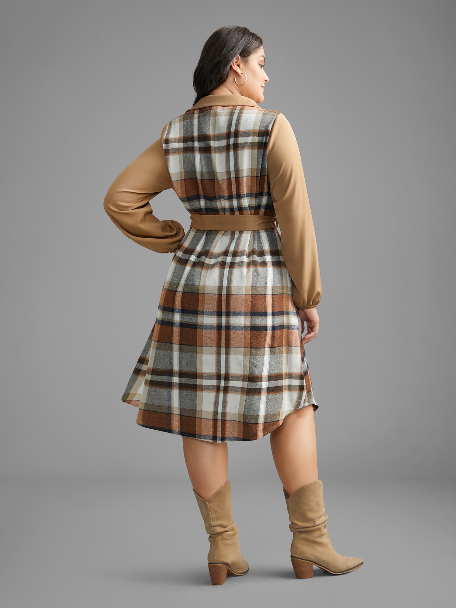 Shirt Collar Plaid Patchwork Belted Dress