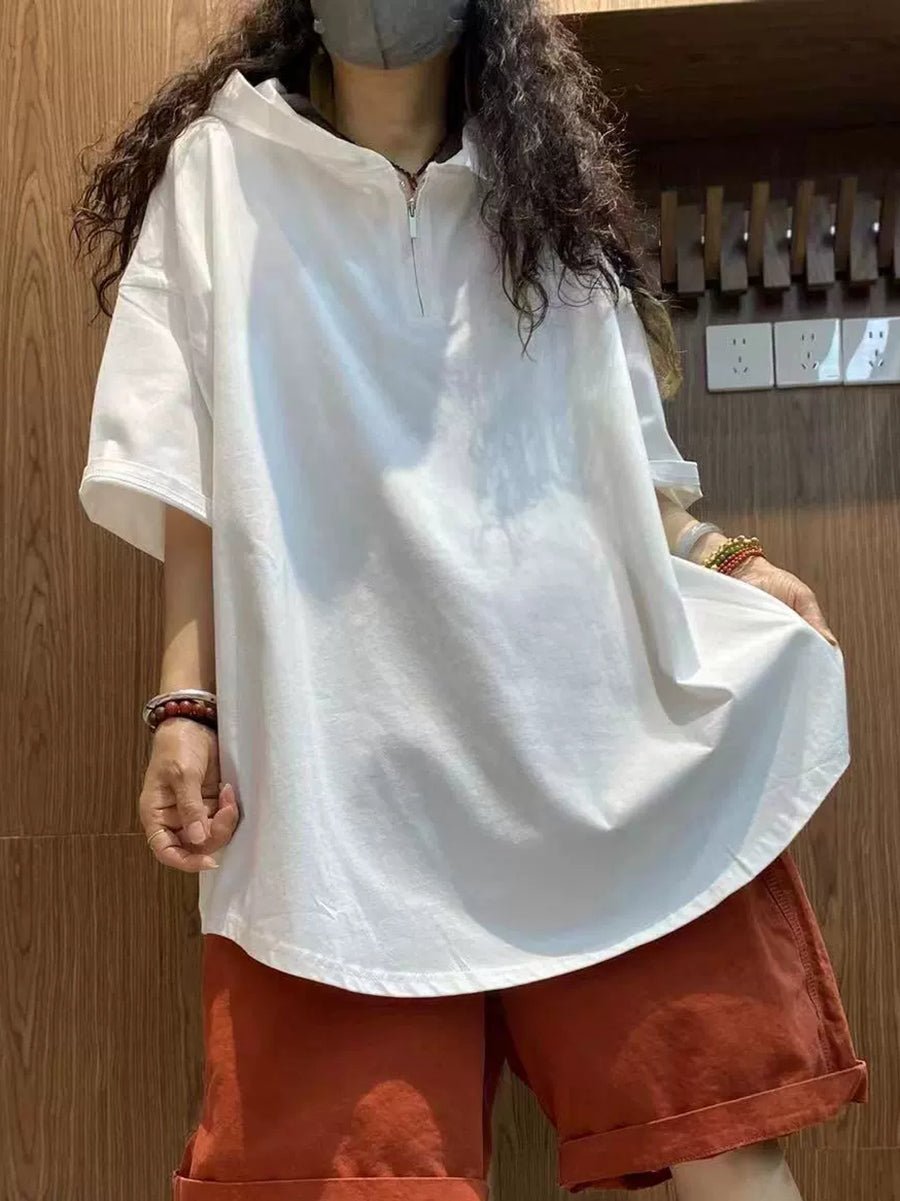 Women Summer Casual Pure Color Hooded Cotton Shirt