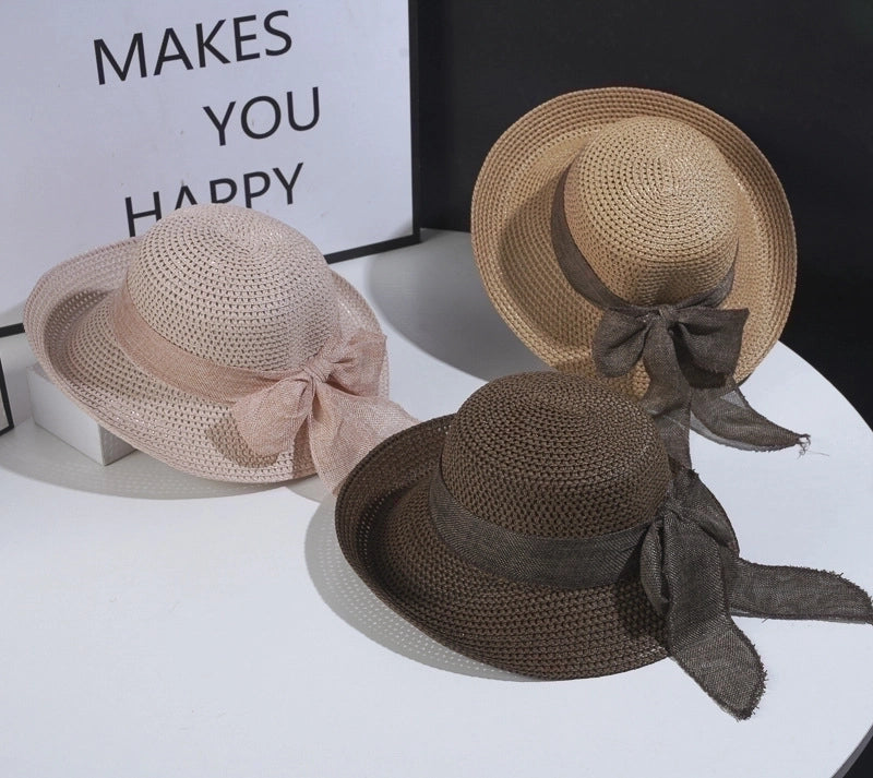 Women's Vintage Style Bow Knot Hollow Out Crimping Straw Hat