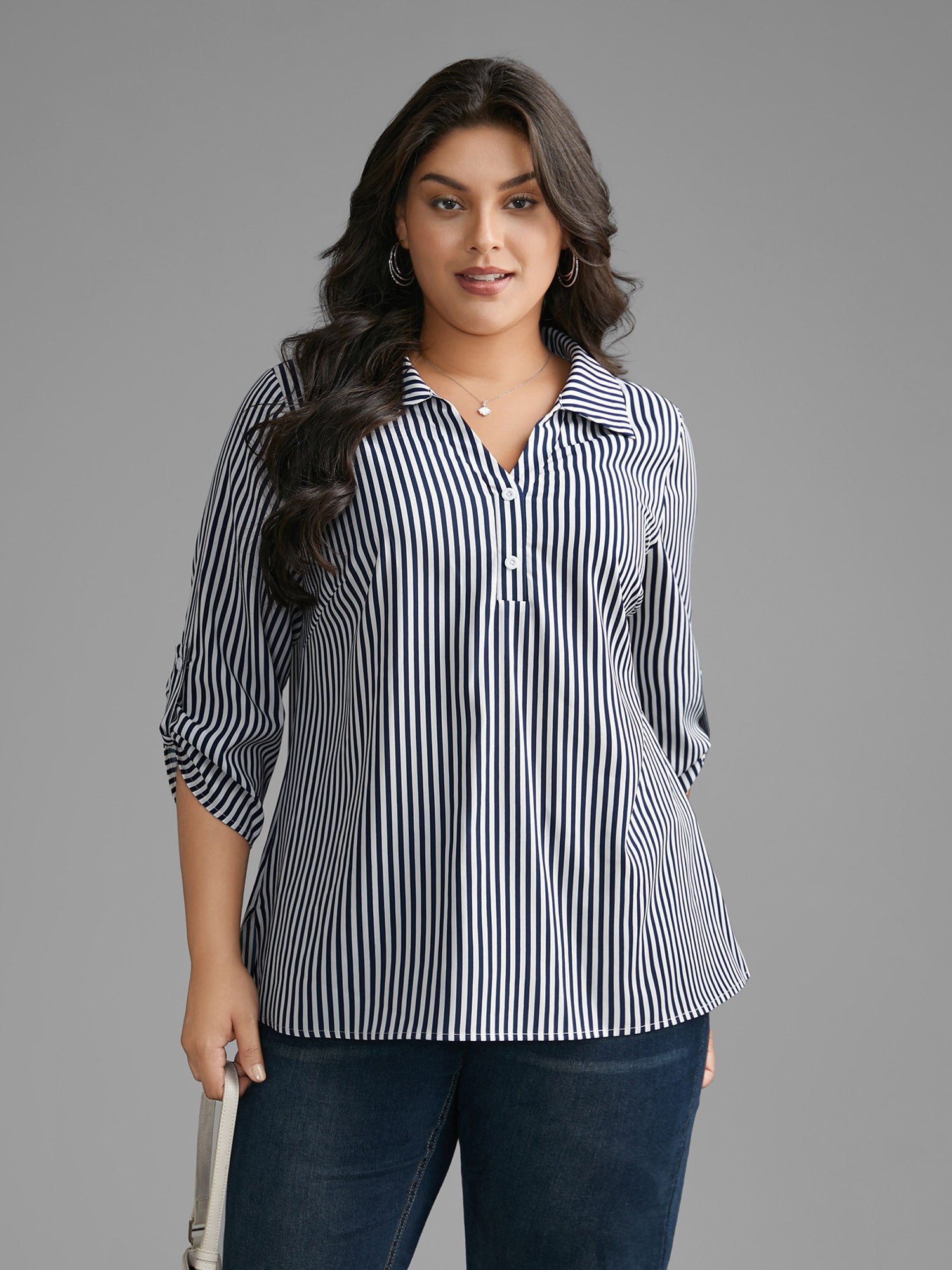 Striped Button Cuff Sleeve Split Hem Blouse