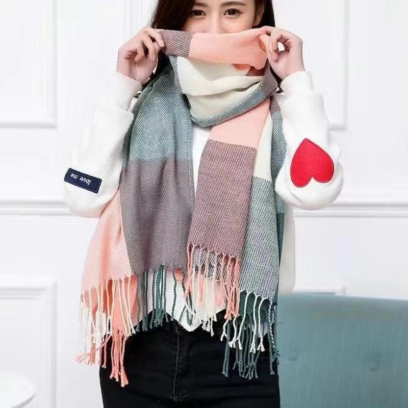 Plaid Scarf Women's Winter Versatile Student Scarf Cashmere Tassel Dual-use Warm Plaid Shawl