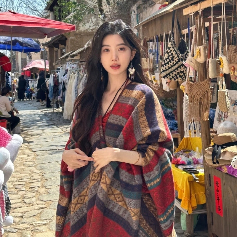 Women's Ethnic Style Color Block Polyester Shawl
