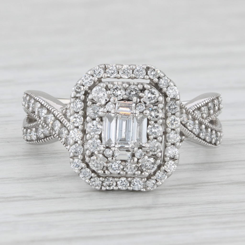 0.90ctw Diamond Double Halo Engagement Ring 14k White Gold Size 7