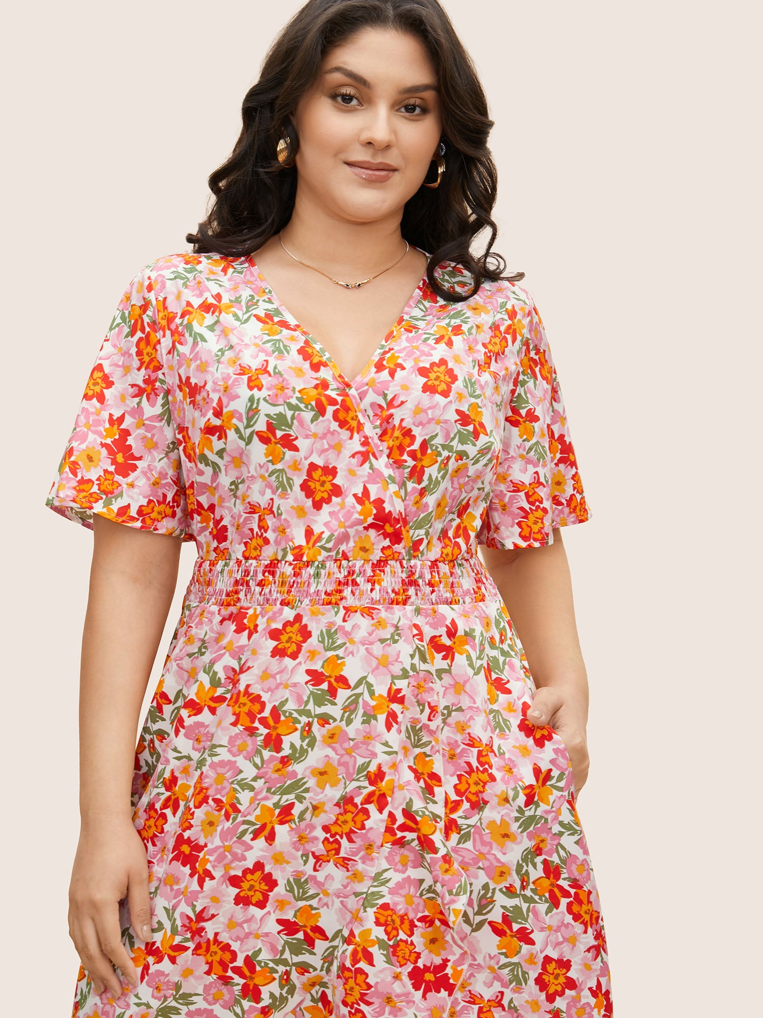 Floral Shirred Wrap Hem Ruffle Sleeve Midi Dress