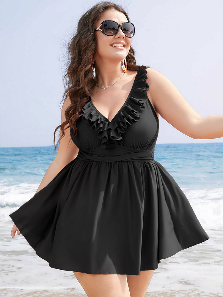 Ruffle Trim Adjustable Straps Gathered Sculpt Waist Swim Dress