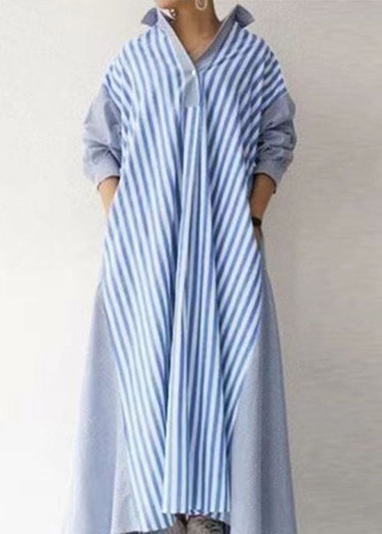 Modern Blue Peter Pan Collar Striped Cotton Dress Long Sleeve Spring