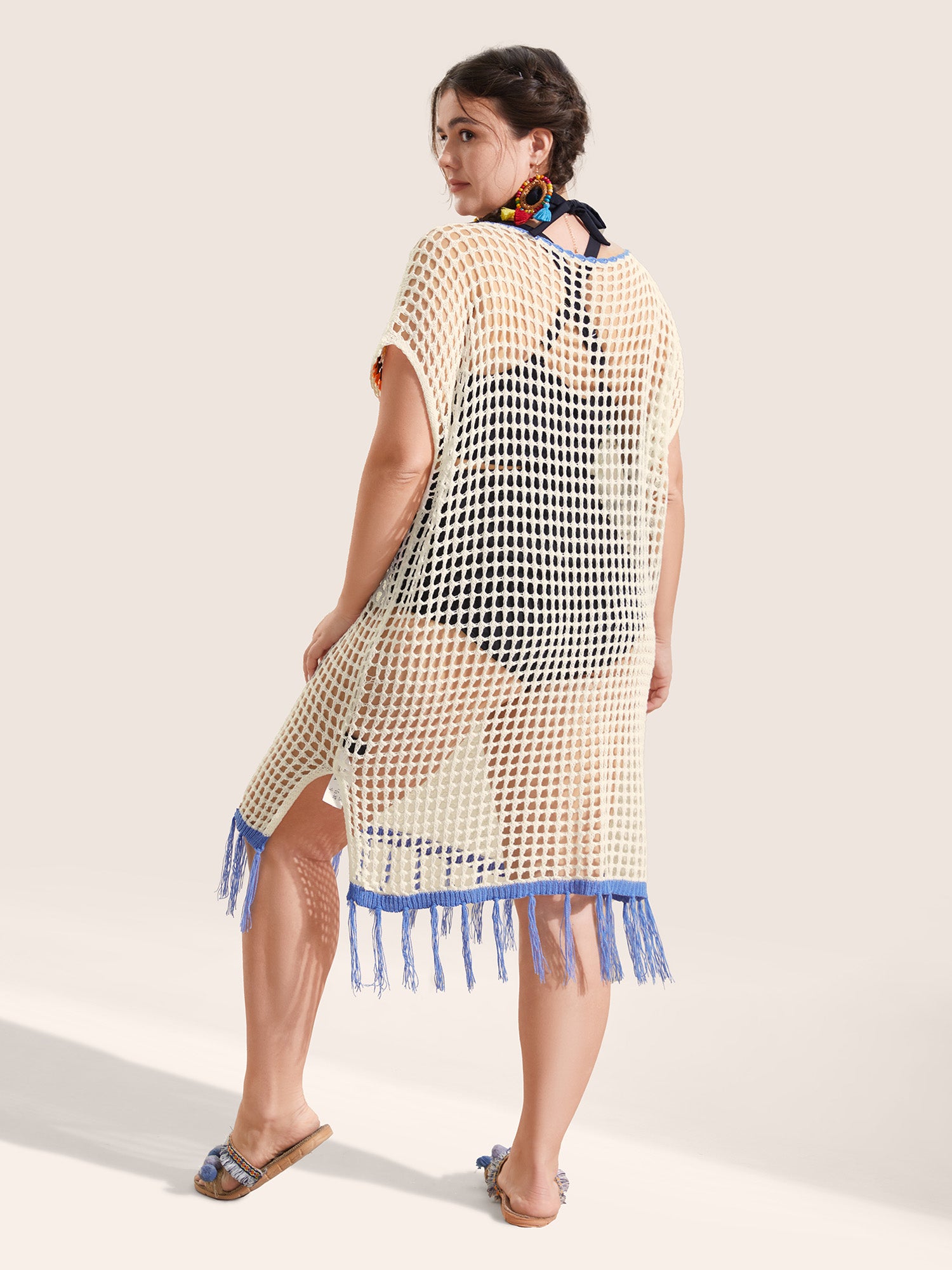 Contrast Crochet Cut Out Slit Hem Swim Cover Up