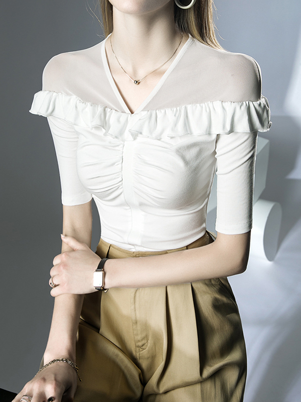 Half Sleeves Skinny Pleated Ruffle Trim Solid Color Split-Joint V-Neck T-Shirts Tops