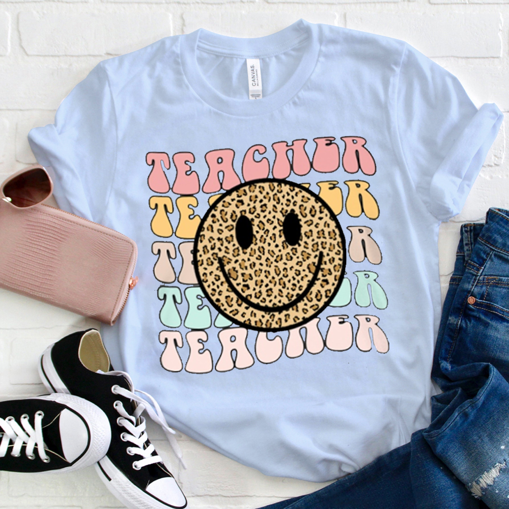 Leopard Print Smile Teacher Letters T-Shirt