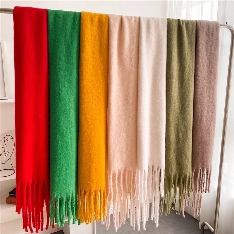Mohair Scarf Pure Color All-matching Winter Warm Lengthened Fringe Bib Scarf Men's And Women's European And American Export Thick Scarf