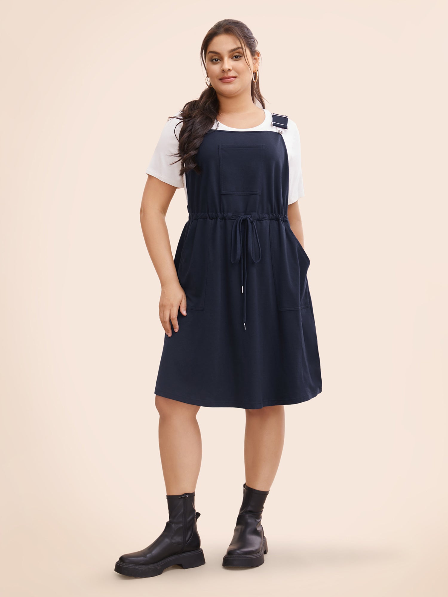 Plain Pocket Drawstring Overall Dress