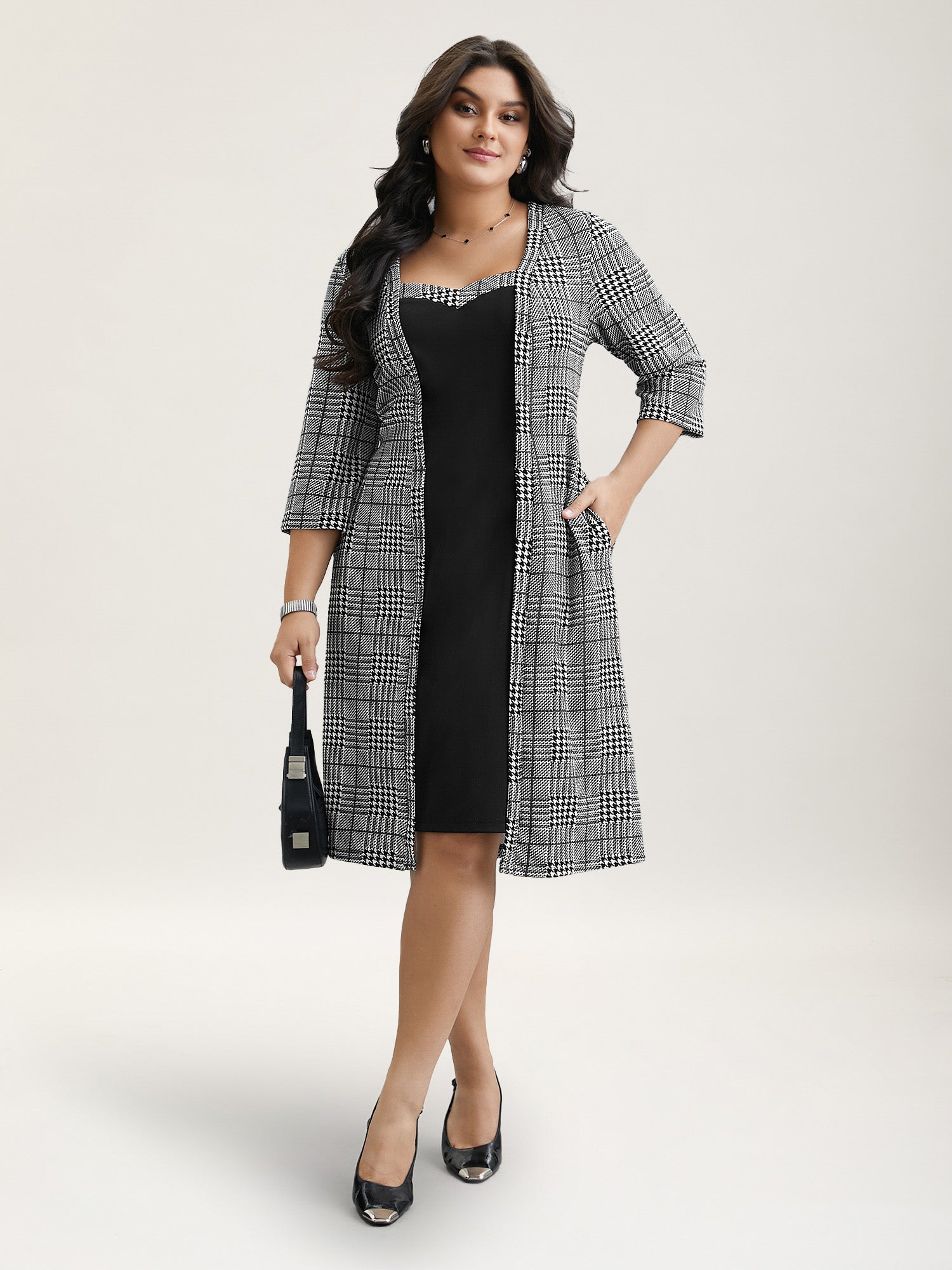Houndstooth Print Waist-Cinched Patchwork Midi Dress