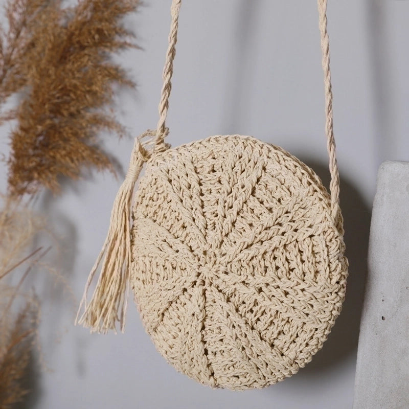 Women's Medium Straw Solid Color Vintage Style Classic Style Round Zipper Straw Bag