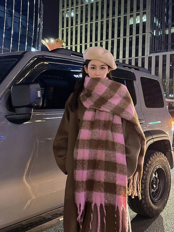 Plaid Scarf Women's Winter High-grade Gradient Mohair Thickened Warm Scarf New Cashmere-like Shawl