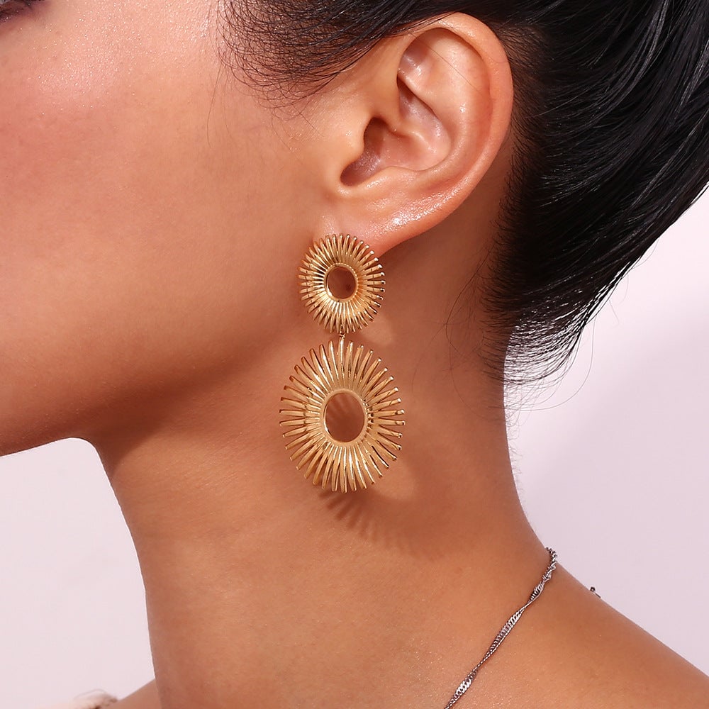 Fashion Sun Geometric Stainless Steel 18K Gold Plated Drop Earrings