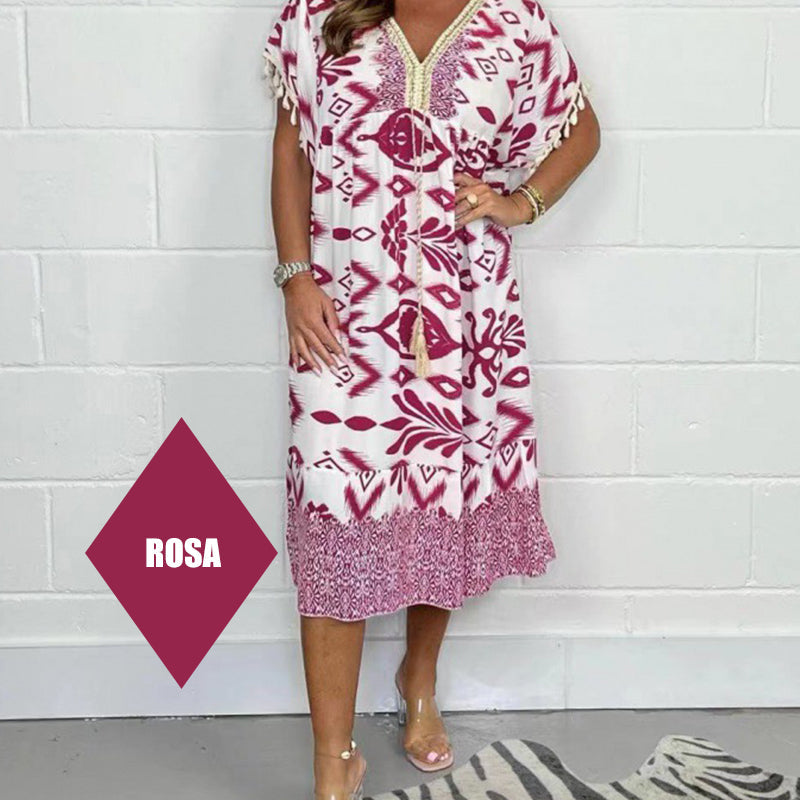 💕Printed Casual Dress With V-Neckline and Fringes on the Short Sleeves