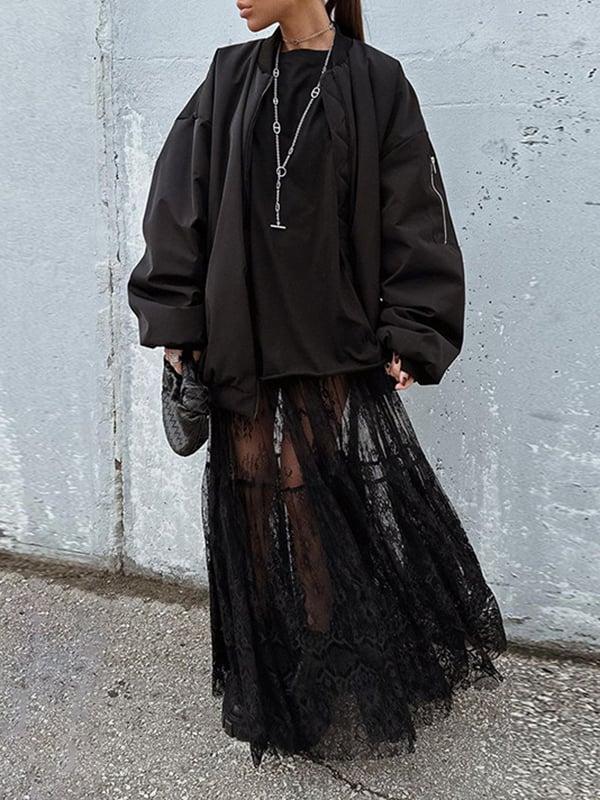A-Line High Waisted Elasticity Hollow Jacquard Mesh See-Through Split-Joint Skirts Bottoms