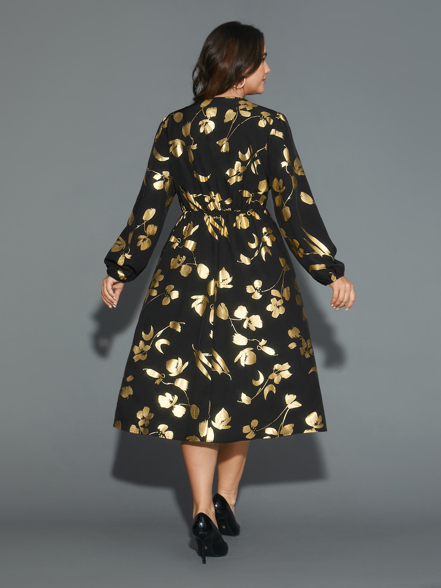Glitter Silhouette Floral Print Elastic Waist Dress