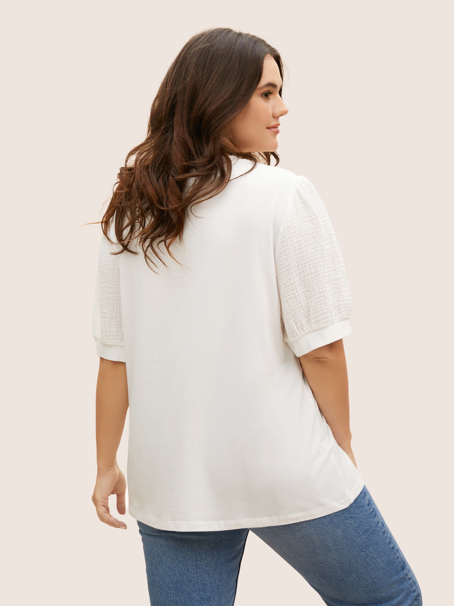 Plain Textured Patchwork Lantern Sleeve T-shirt