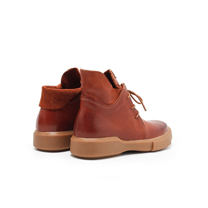 Cowhide Leather Lace-Up Lightweight Short Fold Over Collar Boots Caramel Red/Brown/Black