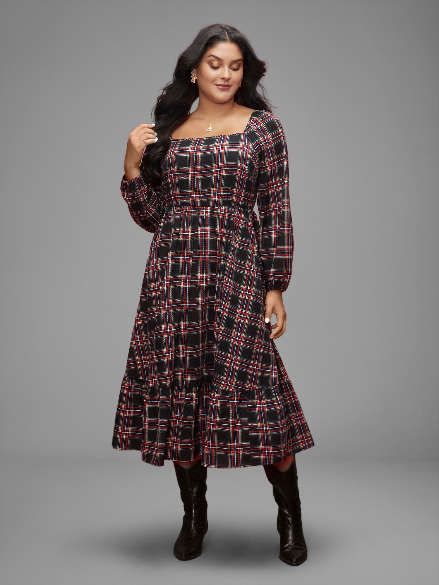 Plaid Square Neckline Puffy Sleeve Midi Dress