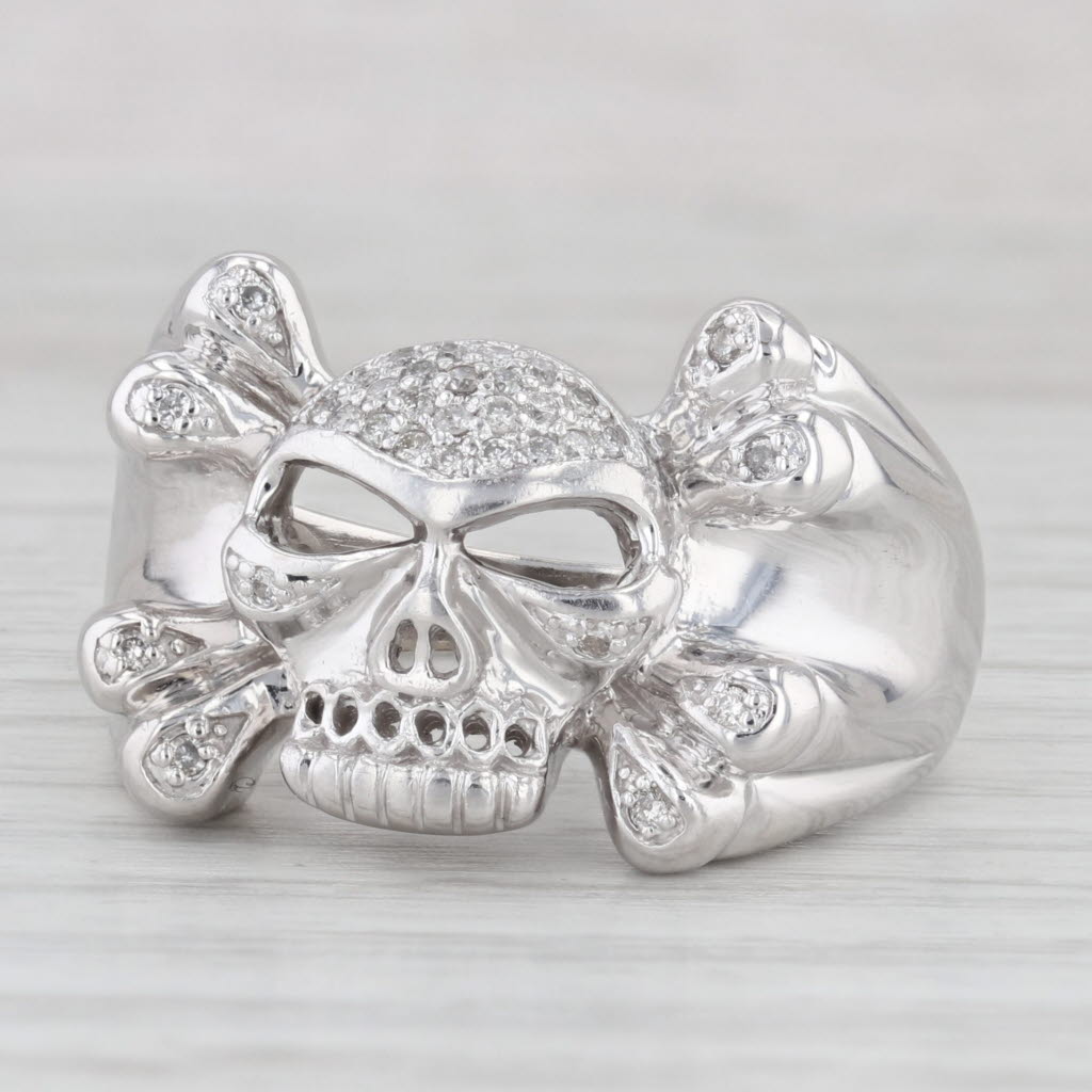 0.15ctw Diamond Skull Cross Bones Ring 14k White Gold Size 12.25 Biker
