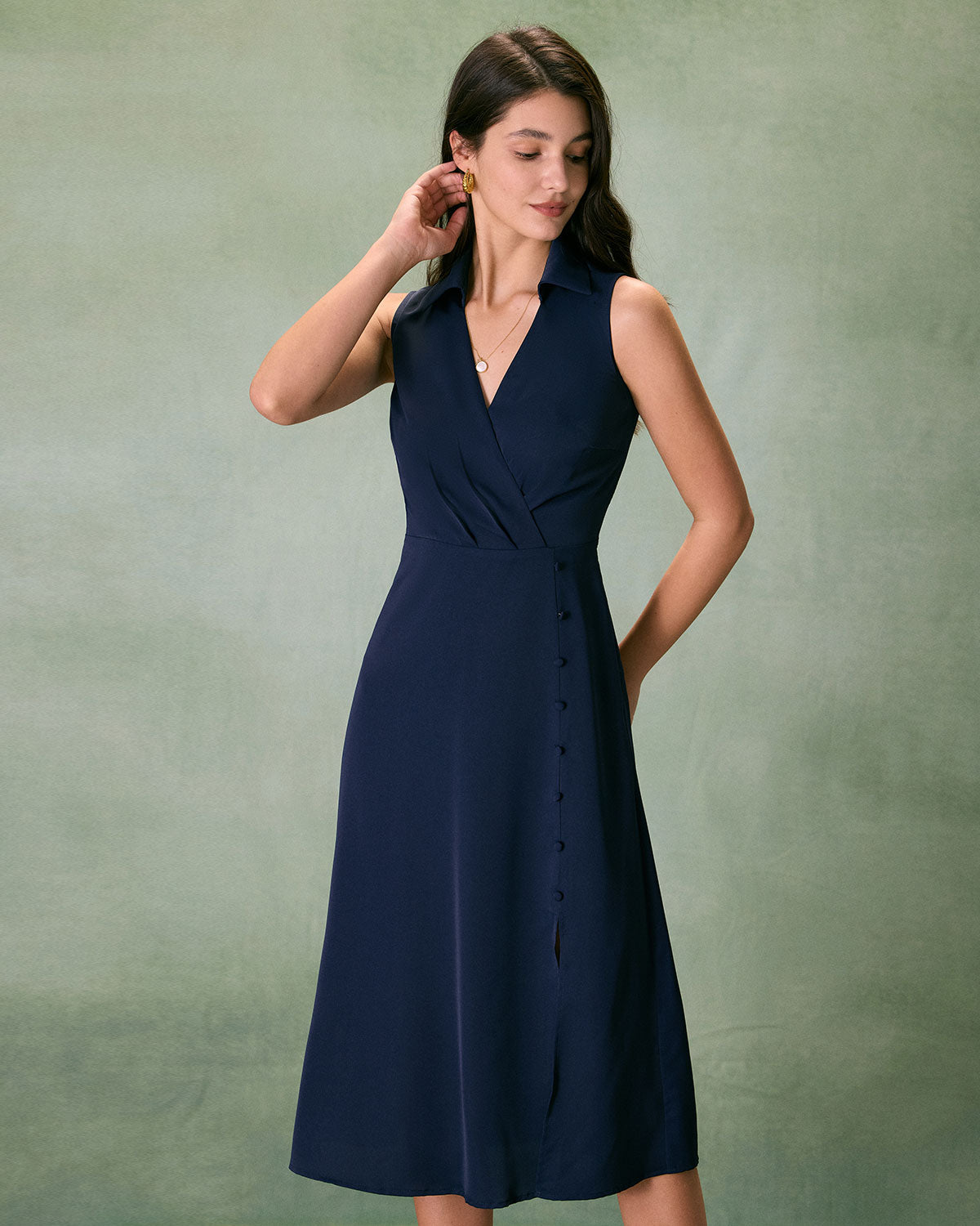 The Navy Collared Ruched Sleeveless Midi Dress