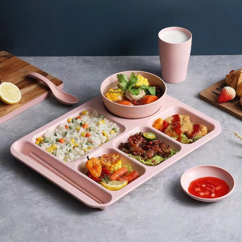 Creative Wheat Straw Dinner Plate Set Household Adult And Student's Split Fast Food Plate Thickened Canteen Rice Plate Bowl Cup And Saucer