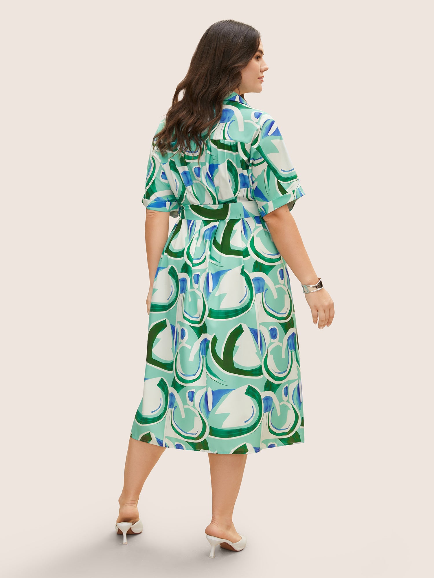Geometric Elastic Waist Drop Shoulder Sleeve Midi Dress
