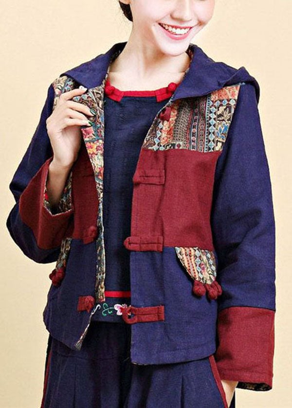Vintage Blue Hooded Patchwork Oriental Button Linen Jacket Fall