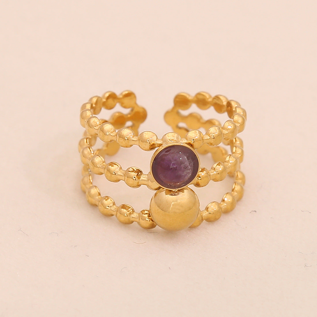 Retro Amethyst Natural Stone Ring Geometric Metal Style Open Ring R120