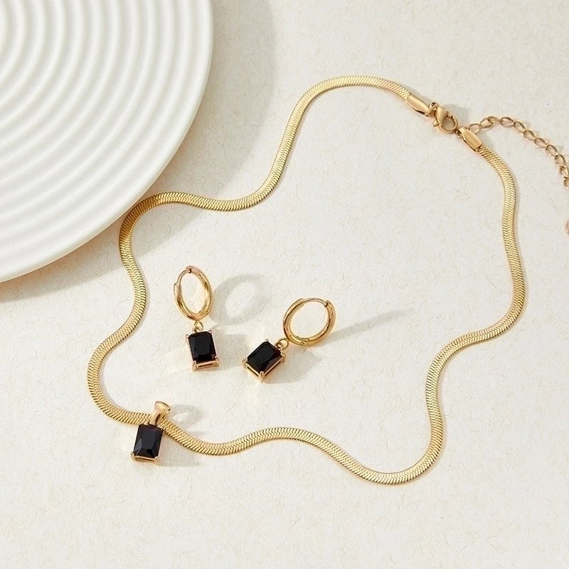 Fashion Square 304 Stainless Steel Zircon 16K Gold Plated White Gold Plated Gold Plated Inlay Stainless Steel Jewelry Sets