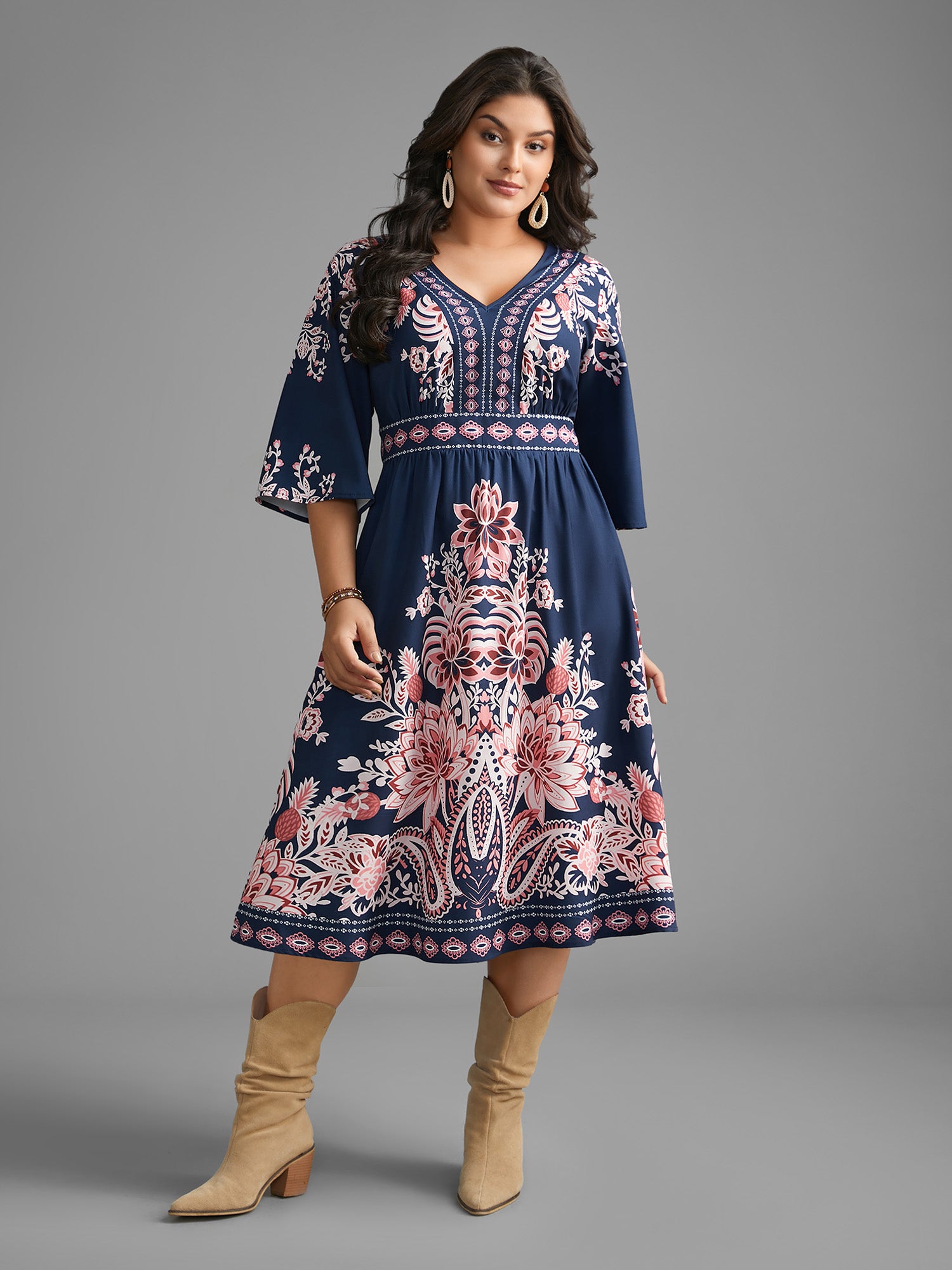 Boho Print Ruffle Sleeve Shirred Dress