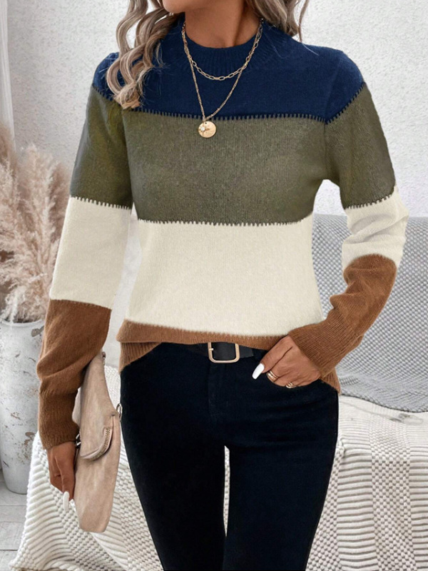 Long Sleeves Contrast Color Round-Neck Pullovers Sweater Tops