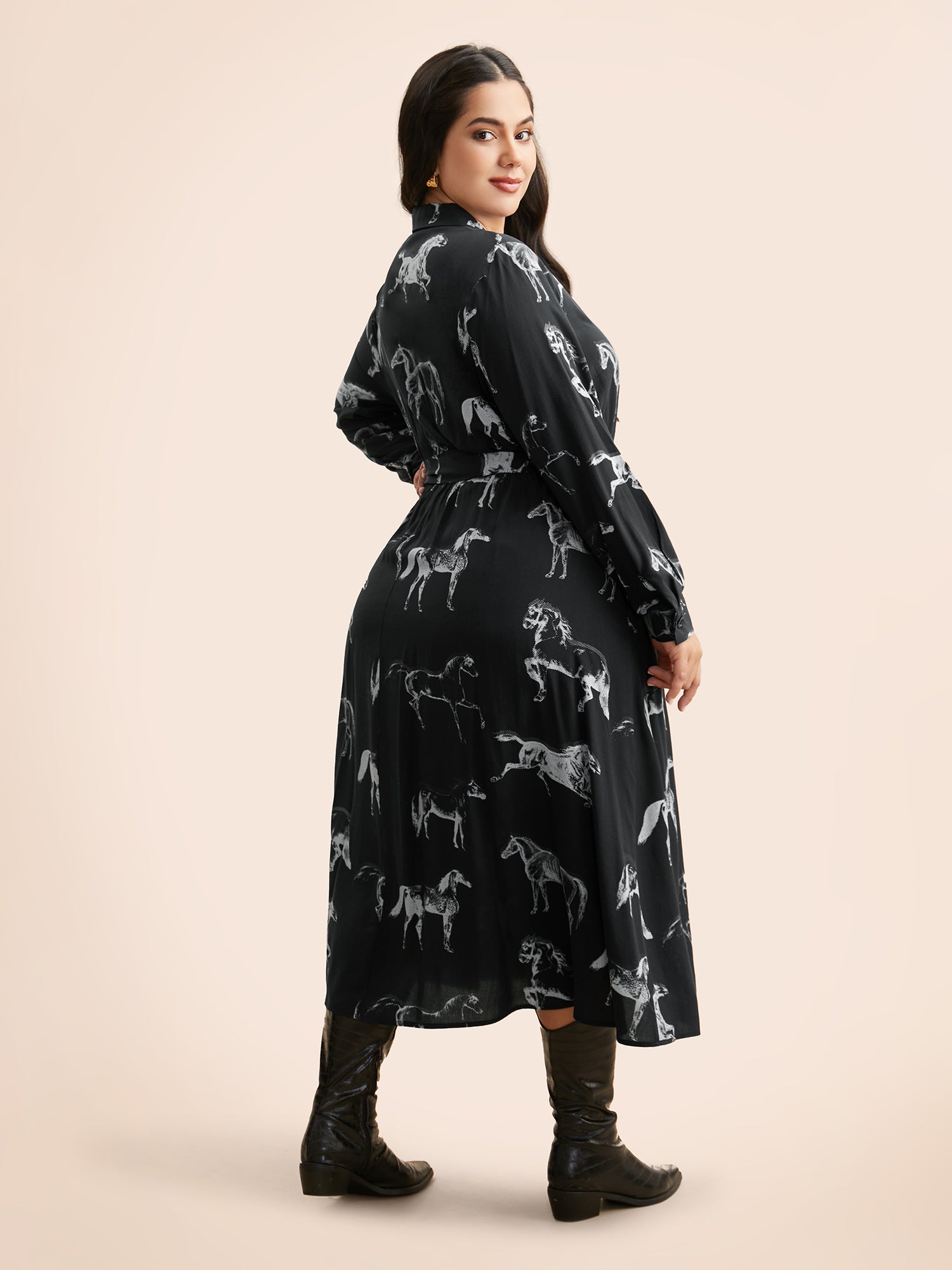 Horse Print Belted Midi Dress