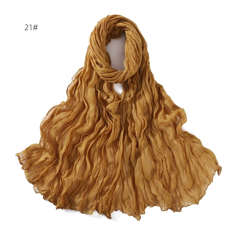 Spring And Autumn Pure Color Silk Yarn Twist Wrinkle Cotton And Linen Breathable Thin Scarf Female Cover Scarf In Stock